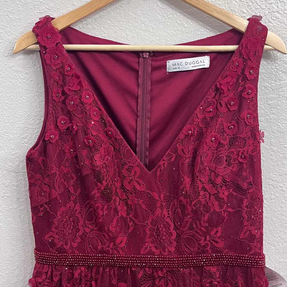 NEW $698 MAC DUGGAL 67710 BURGUNDY FLORAL RUFFLED TIERED SLEEVELESS GOWN Sz 10 - Picture 6 of 16